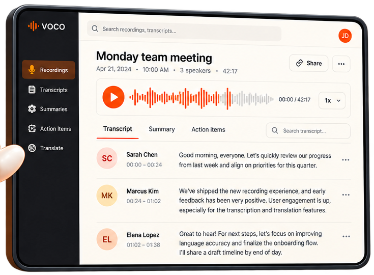 Voco dashboard showing the Monday team meeting transcript