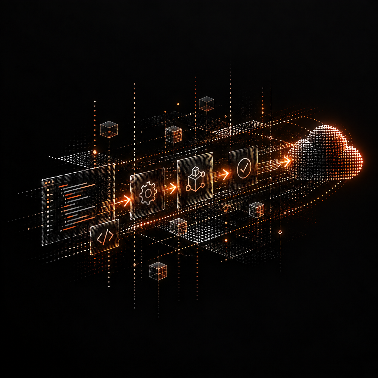 Pipeline of code, gears, and a cloud