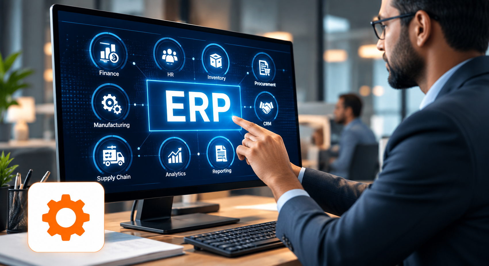 Consultant reviewing an ERP operations dashboard