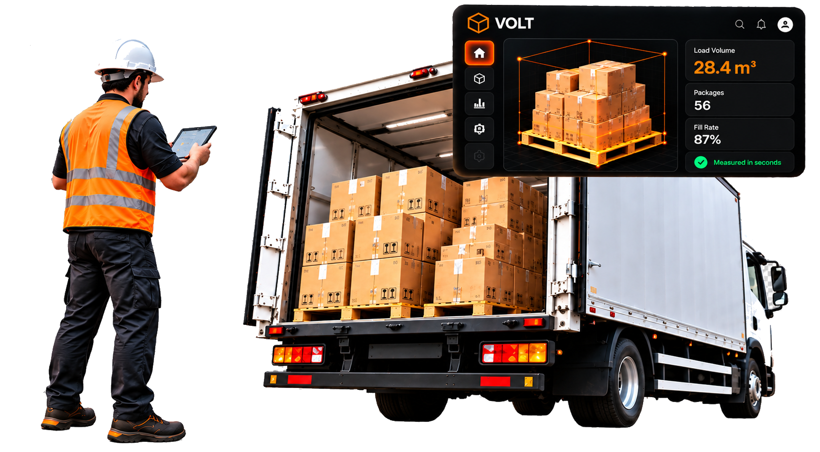 Worker measuring an open truck load with the VOLT dashboard